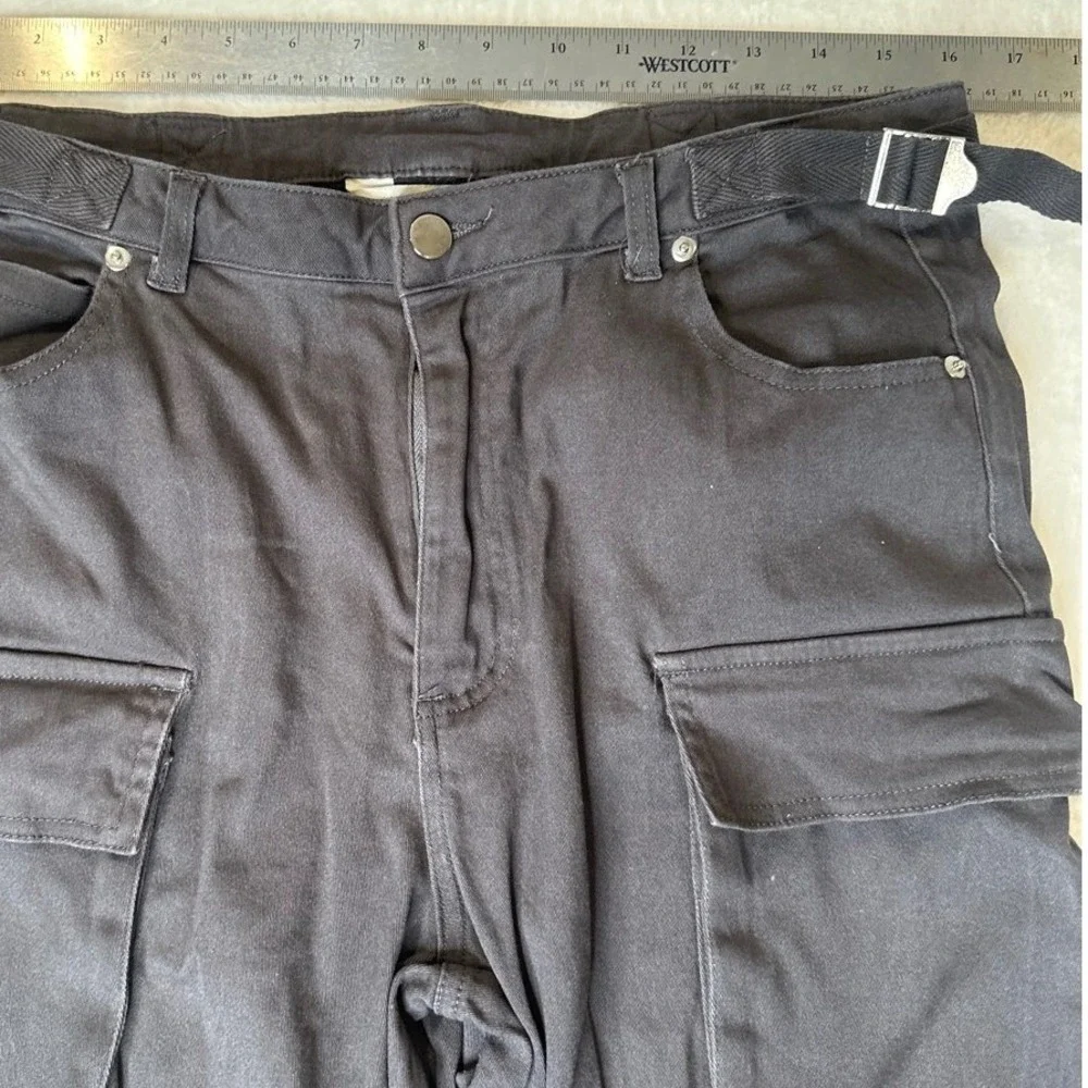 Y2K 90s Quiet Luxury Cargo Pants Black Multi Pocket Utility Wide Leg LARGE - Picture 5 of 9